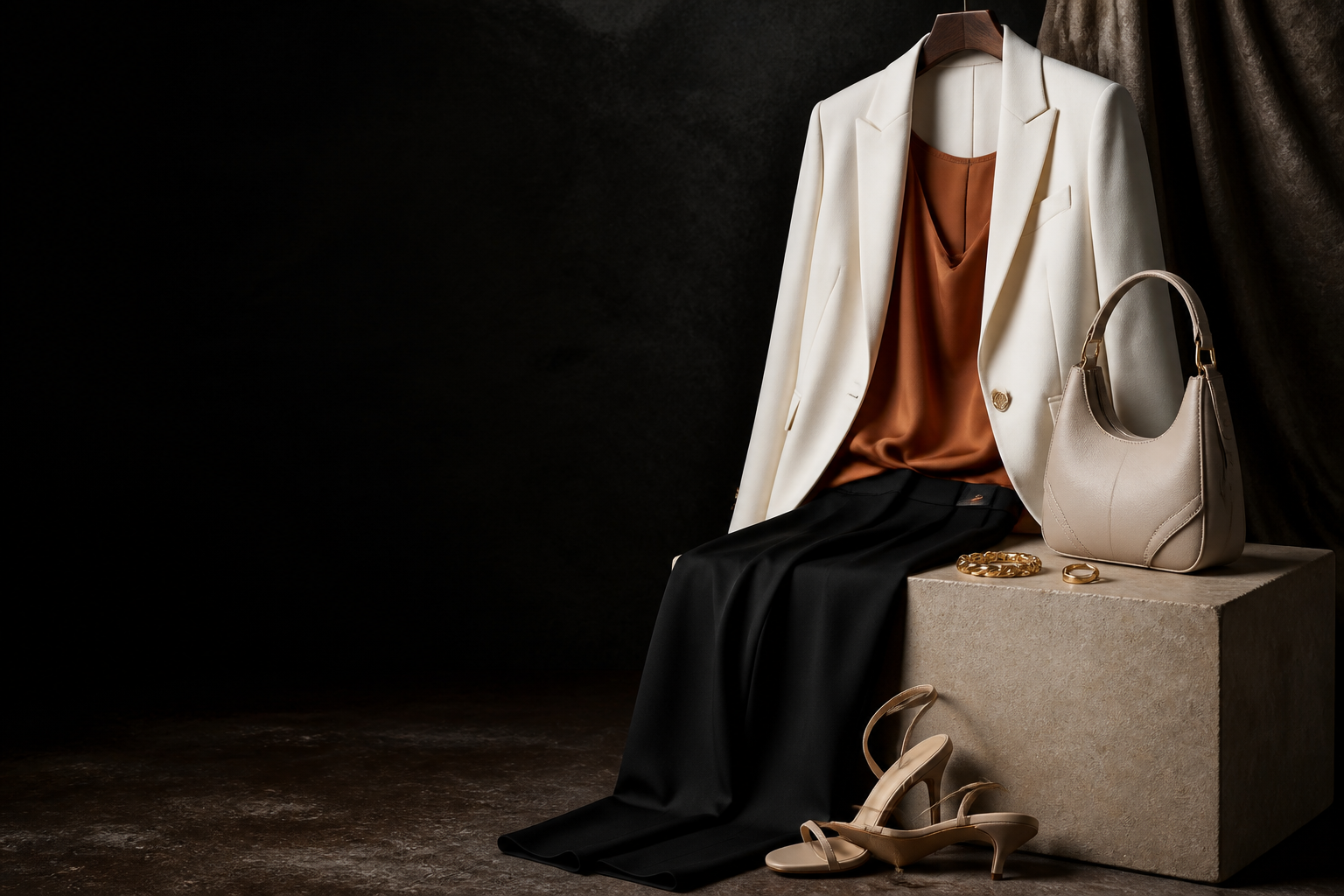 Ivory blazer, rust blouse, tailored trousers, bag and heels arranged on a stone plinth